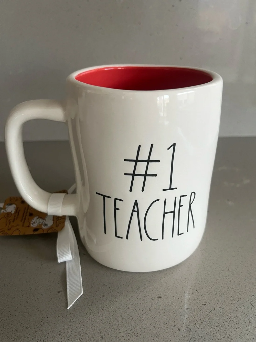 Rae Dunn Snoopy #1 Teacher Coffee Mug Apples Peanuts Ceramic Cup Double Sided